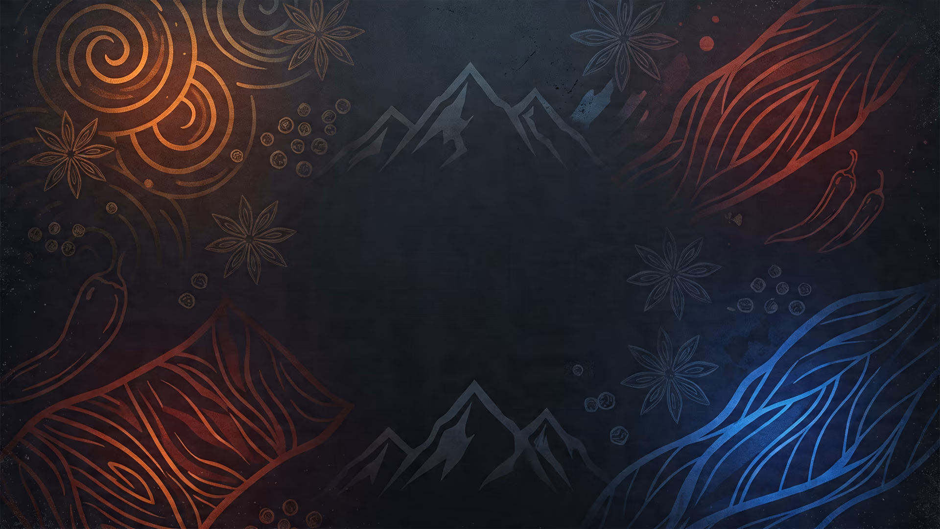 Dark artisanal illustration with hand-drawn red and orange spice swirls, star anise, and chili peppers framing grey mountain silhouettes against a deep charcoal background