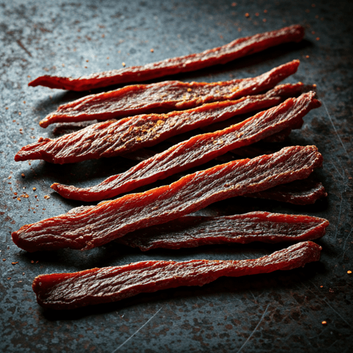 Close up of artisanal beef jerky strips on a dark textured metal surface with aggressive lighting highlighting the texture and spice rub